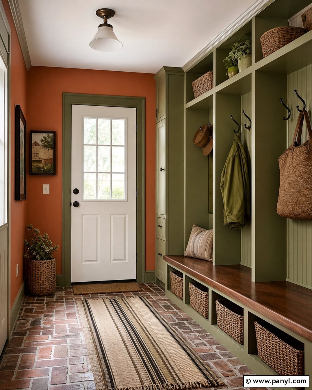 Rustic Orange Mudroom Wall With Olive Green Storage - 20 Rustic Orange Wall Color Ideas