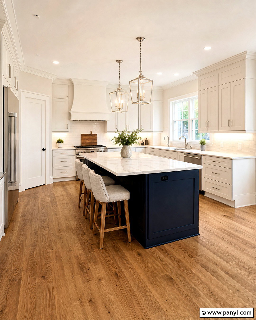 SW Alabaster Kitchen With Navy Island - 20 sw alabaster walls