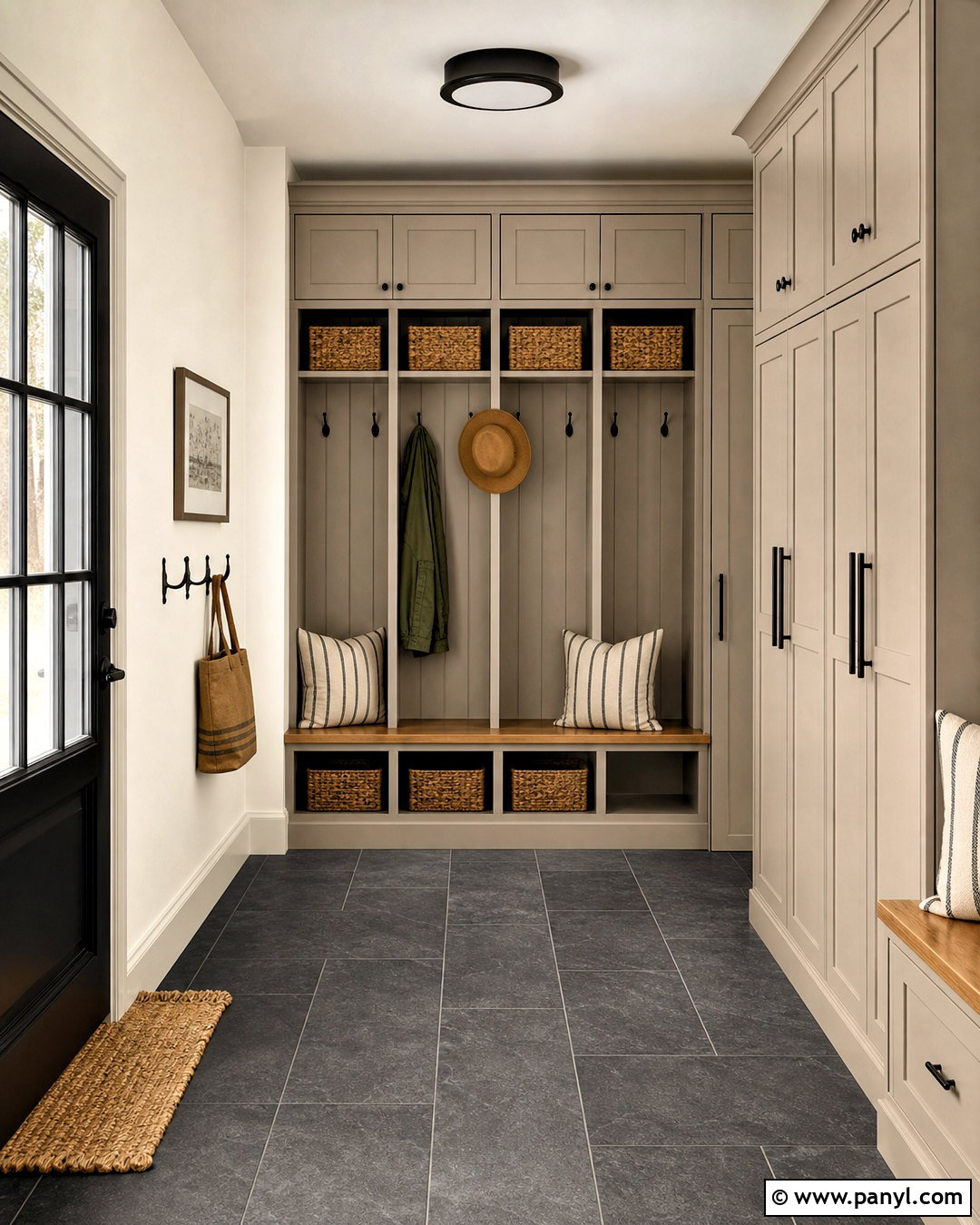 SW Alabaster Mudroom With Greige Cabinets - 20 sw alabaster walls