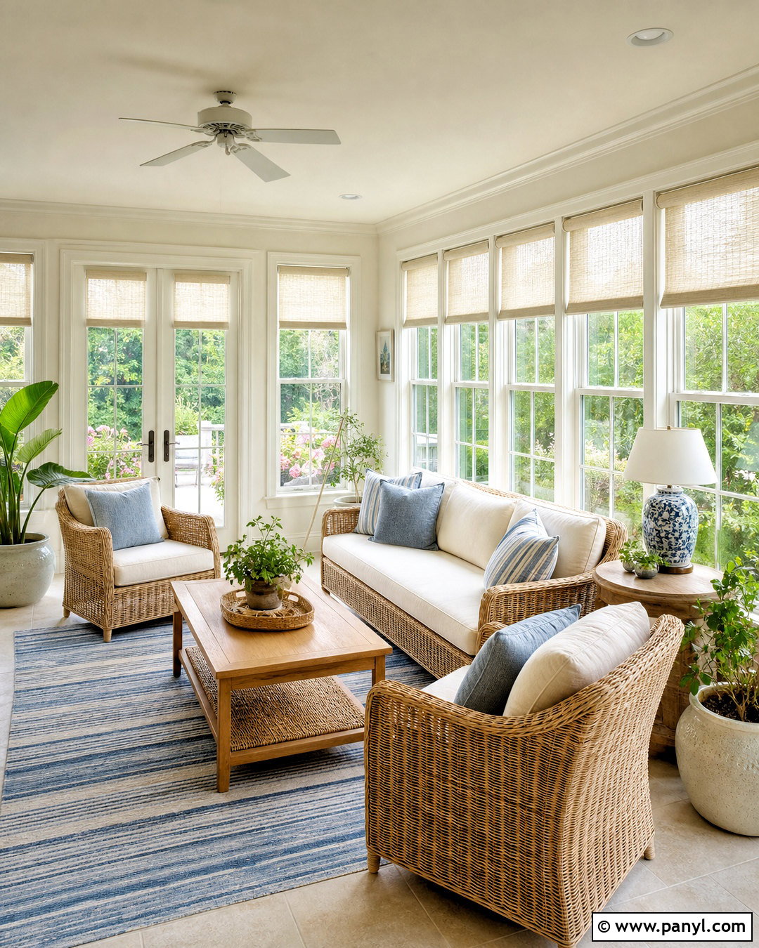 SW Alabaster Sunroom With Rattan Furniture - 20 sw alabaster walls