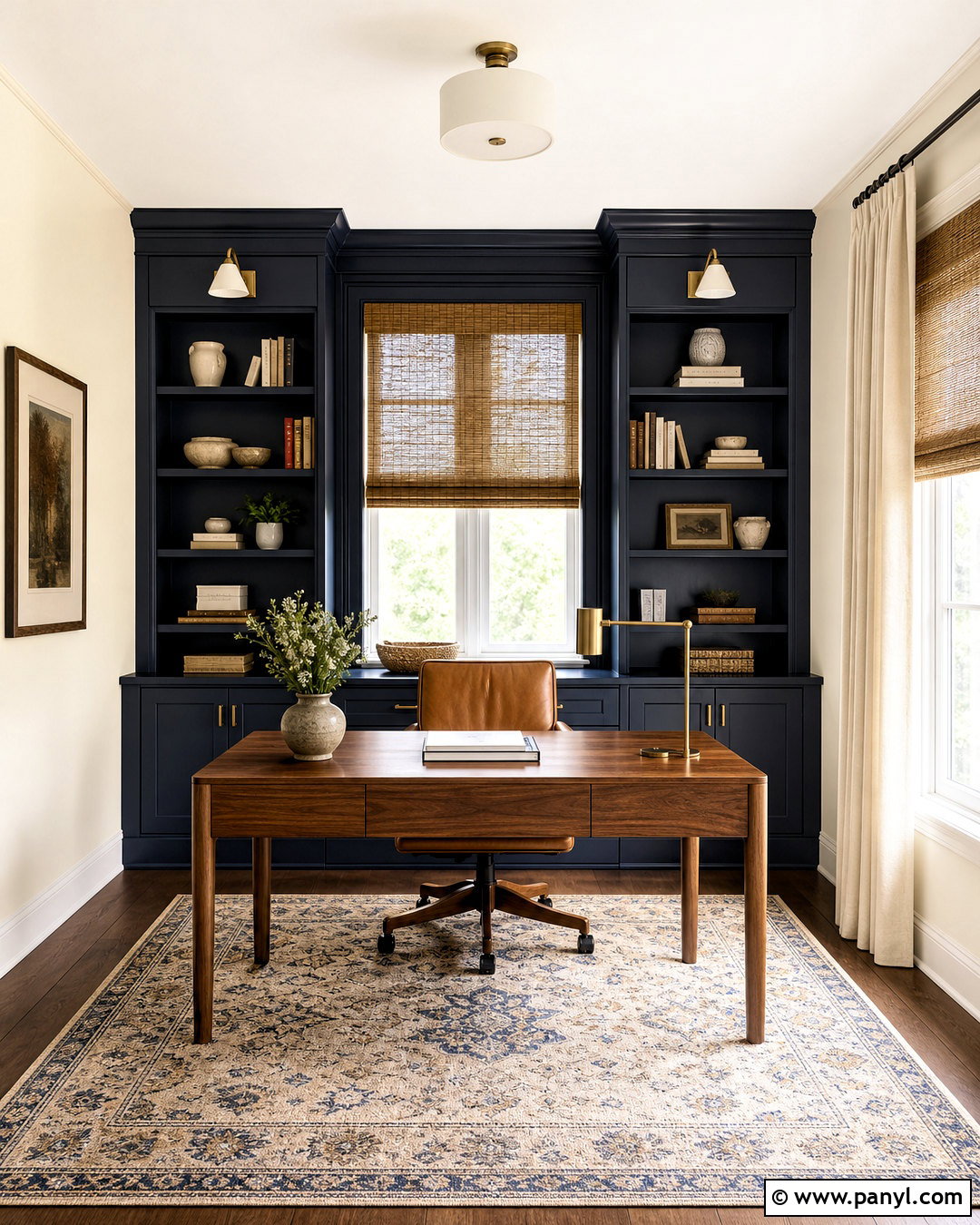 SW Creamy Home Office With Navy Built-Ins - 20 sw creamy paint ideas