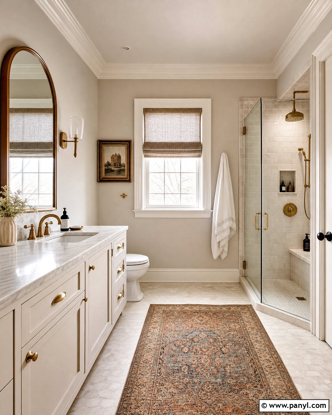 SW Sea Salt Bathroom With Brass Hardware - 20 sw sea salt bathroom ideas