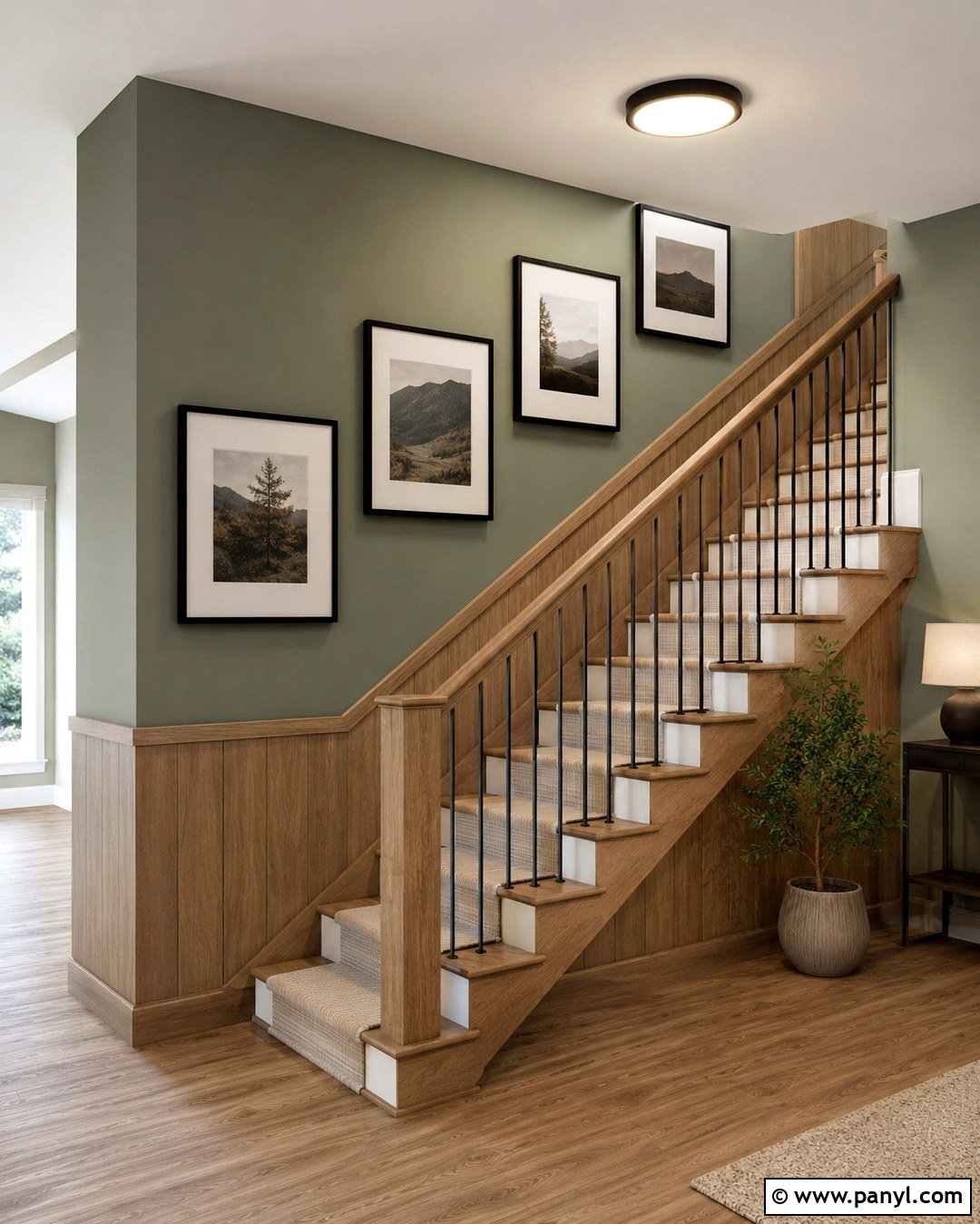 Sage And Natural Wood Stairway Walls - 20 Two Tone Sage Walls