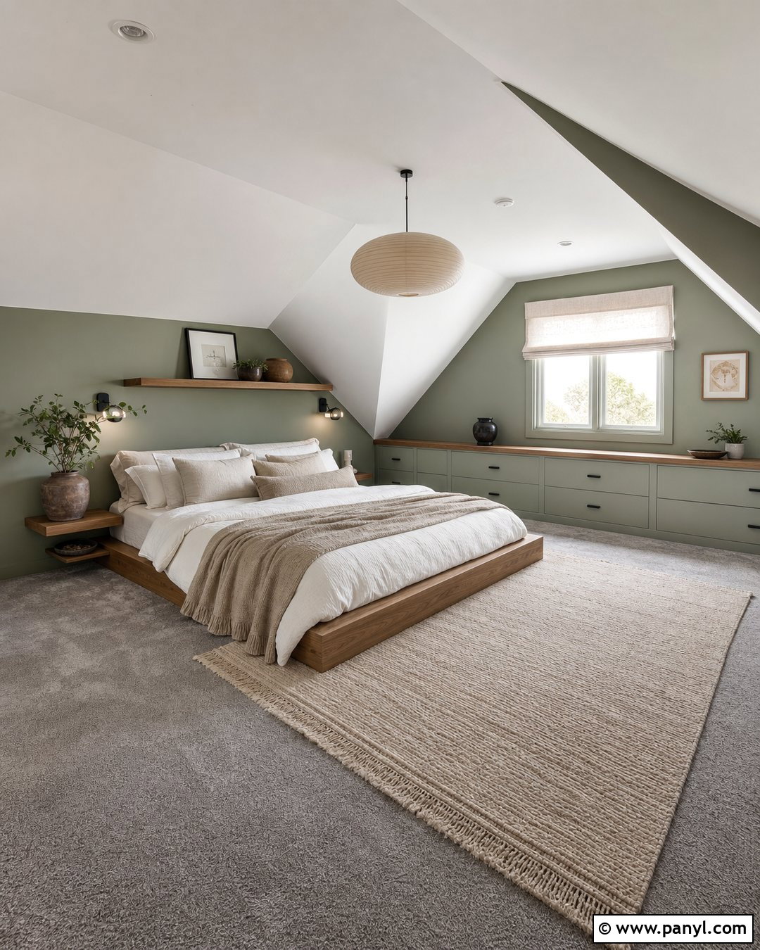 Sage Attic Bedroom With Grey Carpet - 20 Sage Walls Grey Carpet Ideas