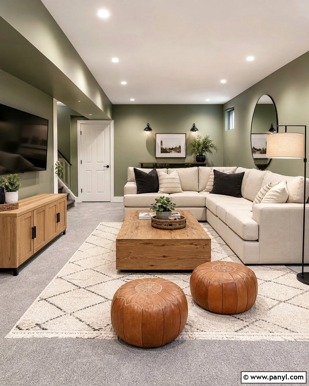 Sage Basement Lounge With Grey Carpet - 20 Sage Walls Grey Carpet Ideas