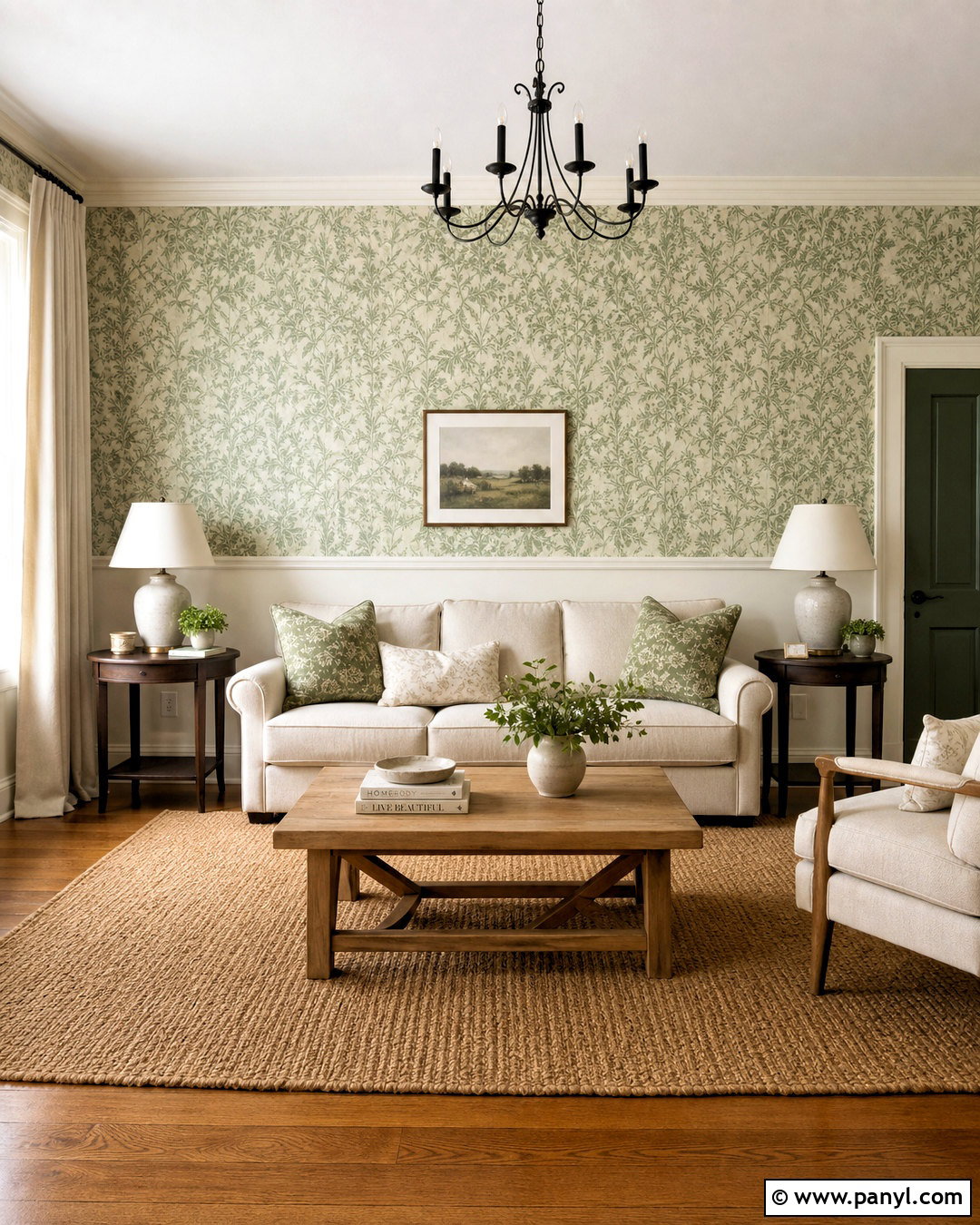 Sage Botanical Wallpaper With Cream Paint - 20 half wallpaper half paint ideas