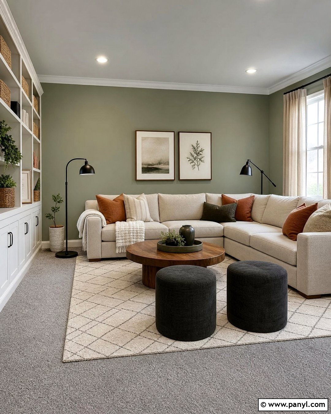 Sage Family Room With Grey Carpet - 20 Sage Walls Grey Carpet Ideas