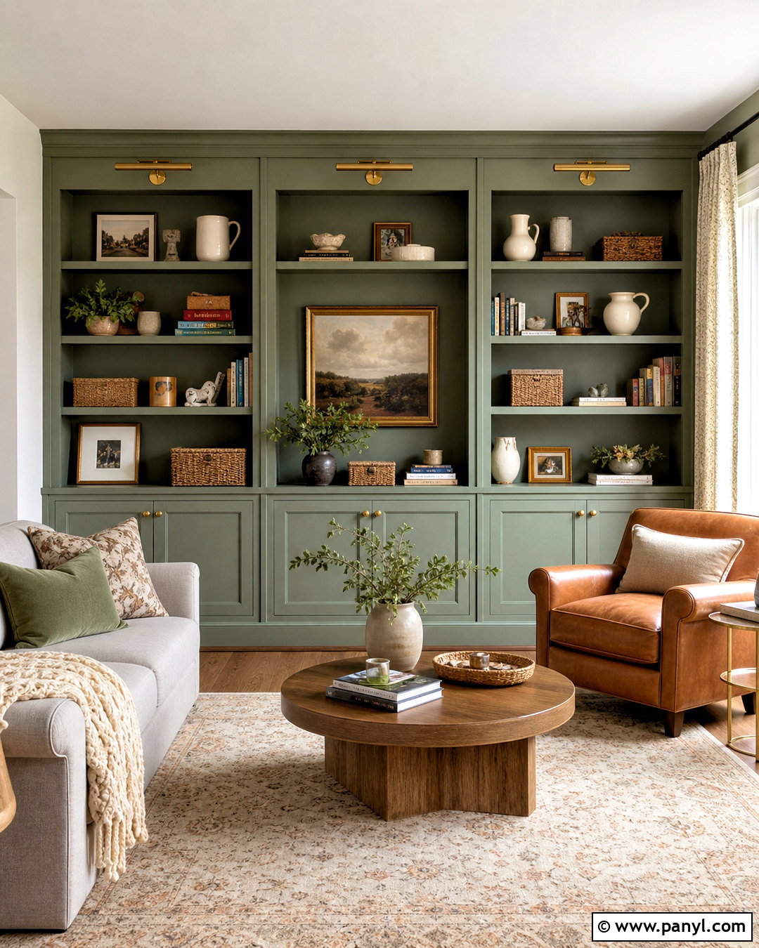 Sage Green Accent Wall With Built-In Shelves - 20 sage green accent wall living room ideas