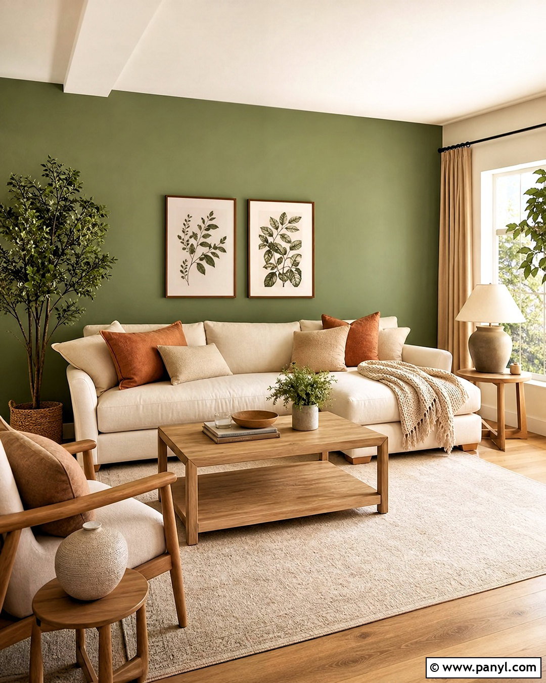 Sage Green Accent Wall With Cream Sofa - 20 green accent wall living room ideas