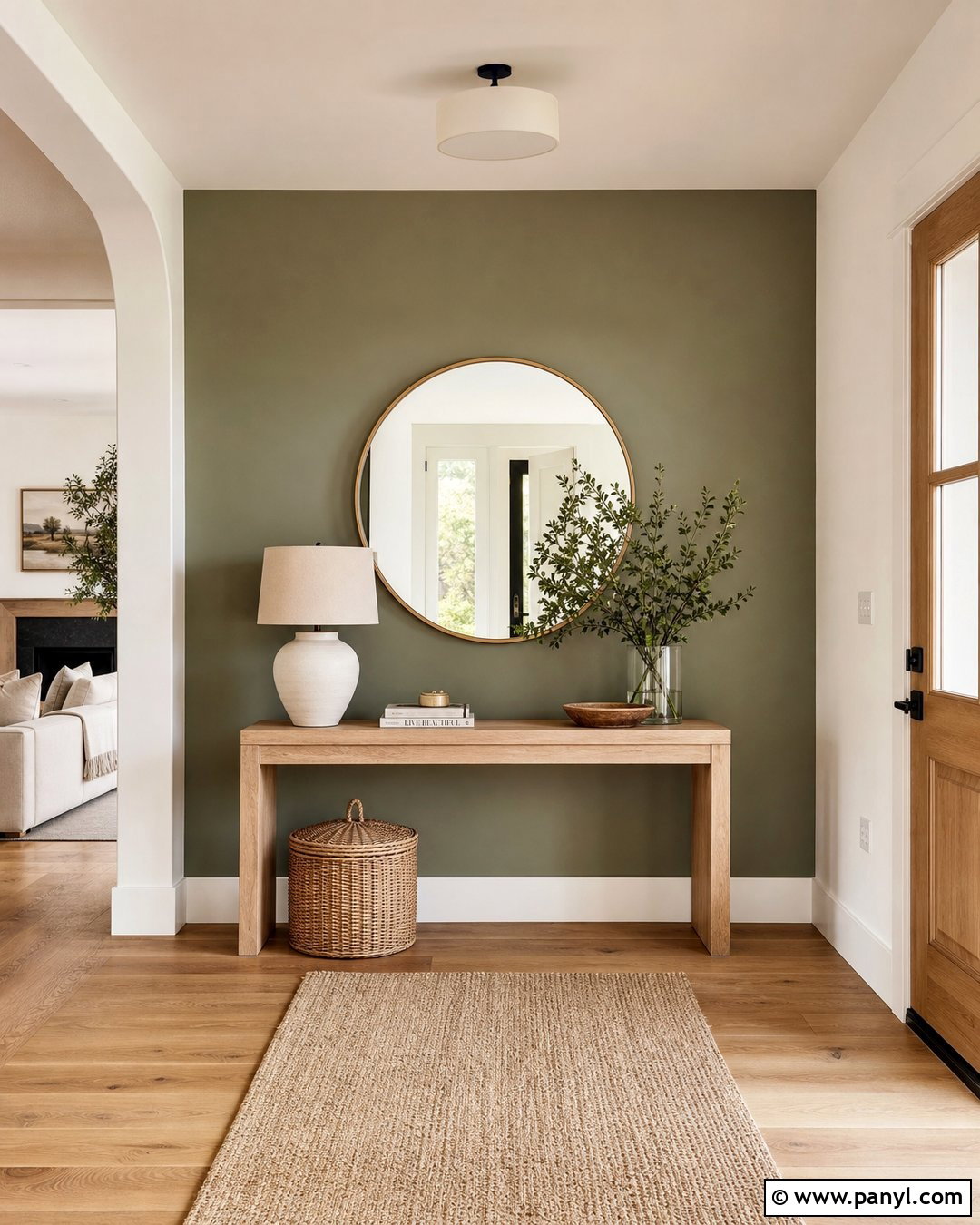 Sage Green Accent Wall With Light Oak Console - 20 Green Accent Wall Foyer Ideas