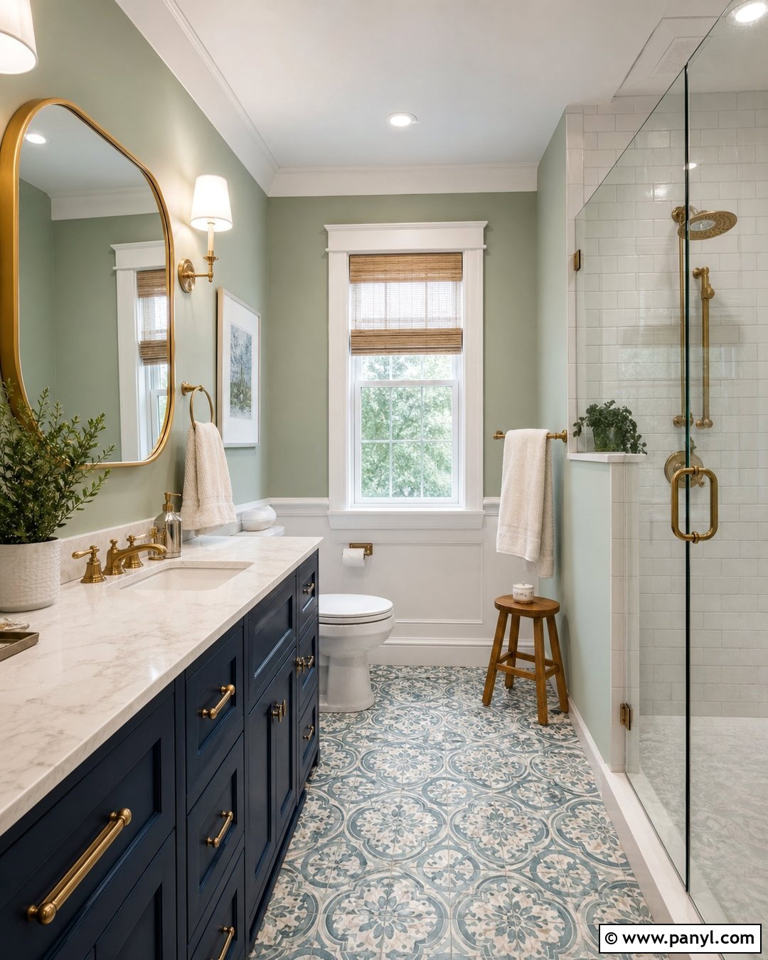 Sage Green Bathroom Walls With A Navy Vanity - 35 sage green bathroom walls