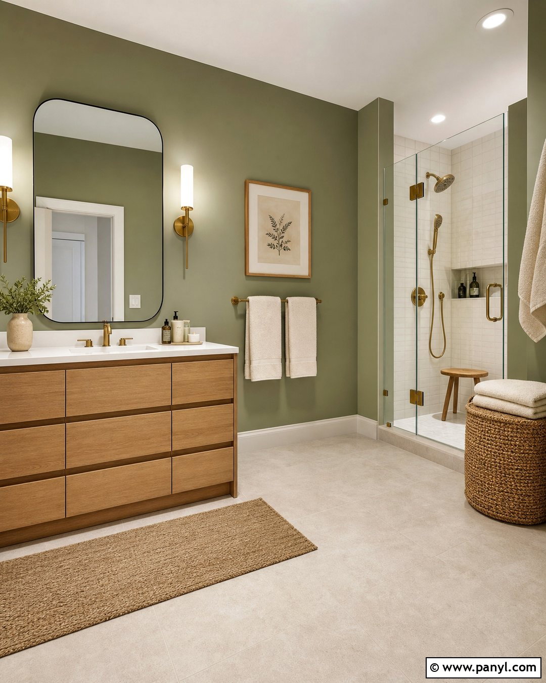 Sage Green Bathroom Walls With An Oak Vanity - 35 sage green bathroom walls