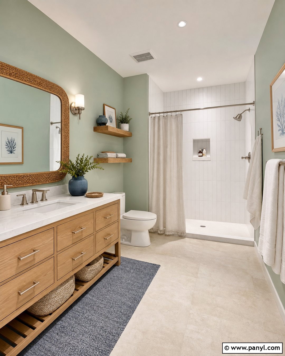 Sage Green Bathroom Walls With Coastal Decor - 25 Sage Green Walls Bathroom Ideas