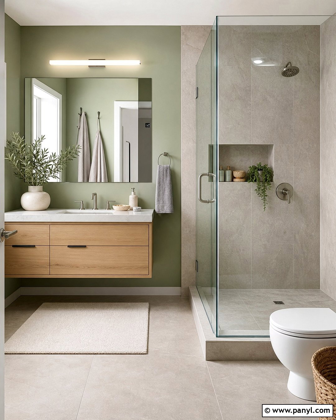 Sage Green Bathroom Walls With Greige Tile - 35 sage green bathroom walls