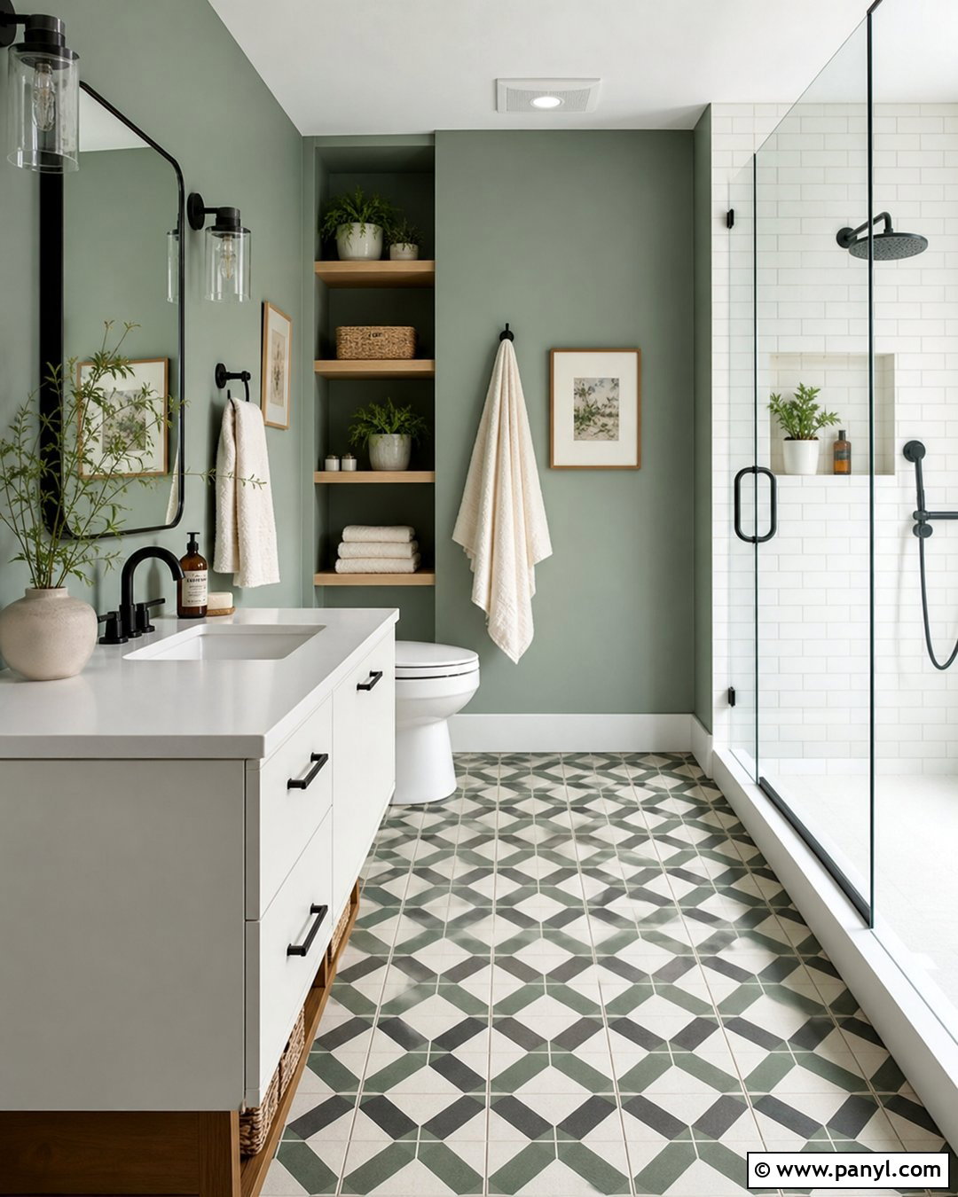 Sage Green Bathroom Walls With Patterned Floor Tile - 25 Sage Green Walls Bathroom Ideas