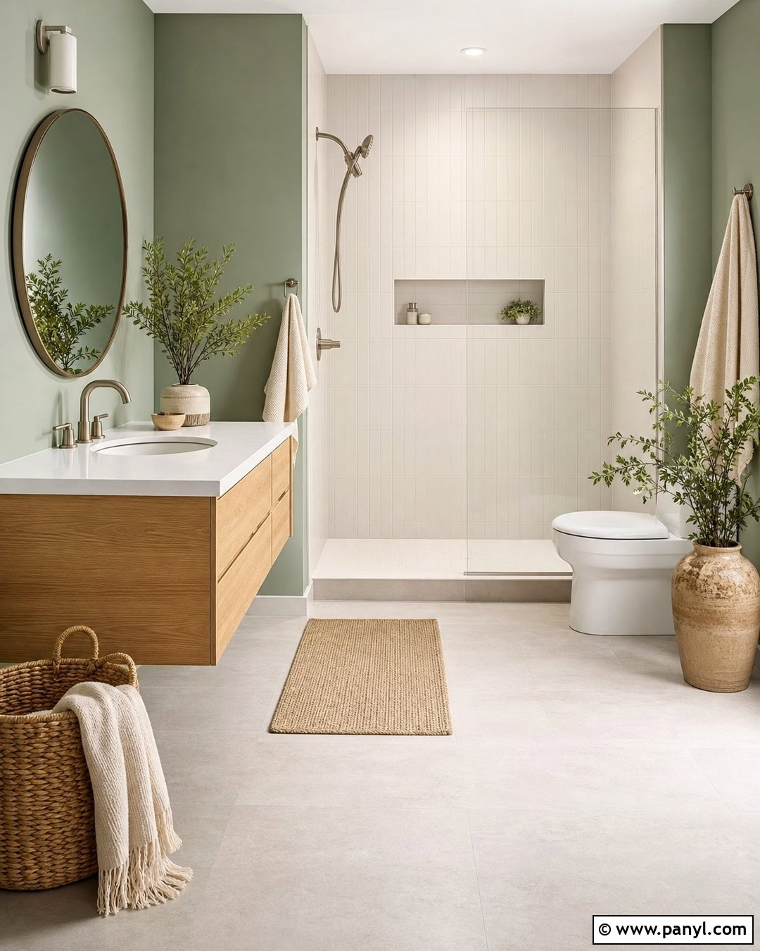 Sage Green Bathroom Walls With White Oak Vanity - 35 Bathroom Green Walls
