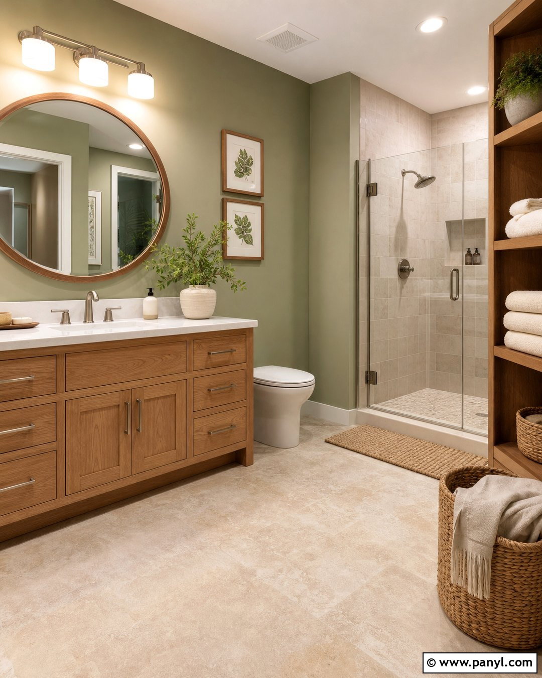 Sage Green Bathroom Walls With Wood Vanity - 25 Sage Green Walls Bathroom Ideas