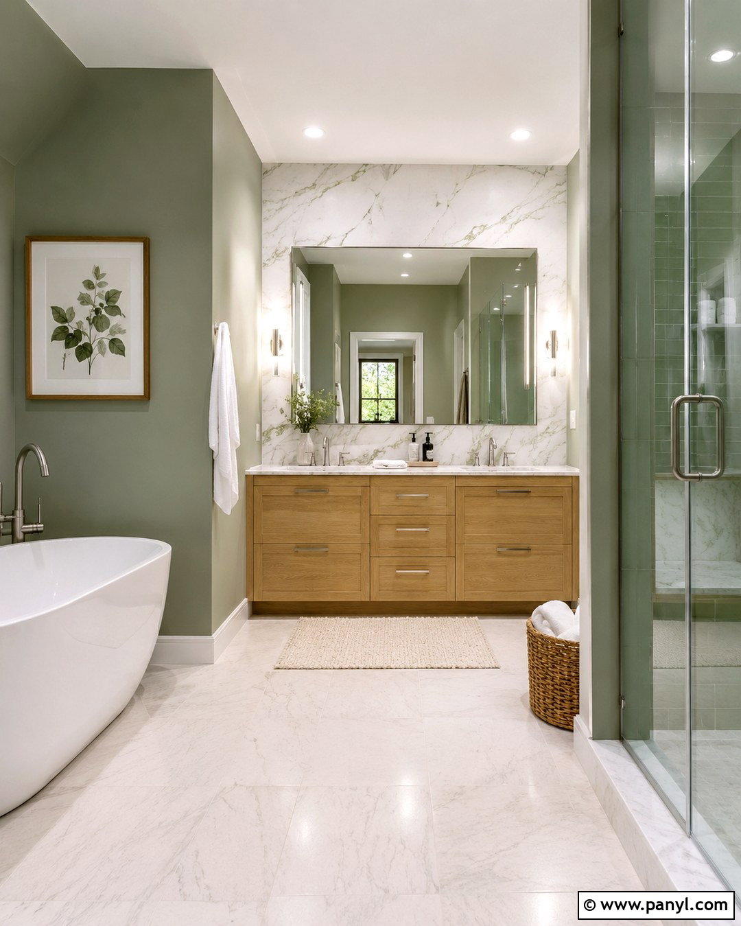 Sage Green Bathroom With Marble Accent Wall - 20 Sage Green Walls With Accent Wall Ideas