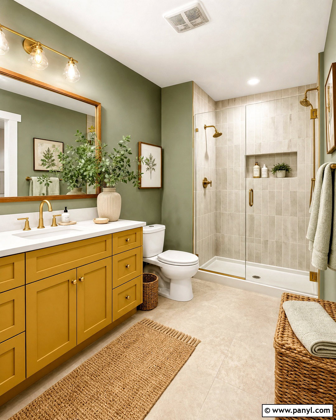 Sage Green Bathroom With Mustard Vanity - 20 green and yellow bathroom ideas