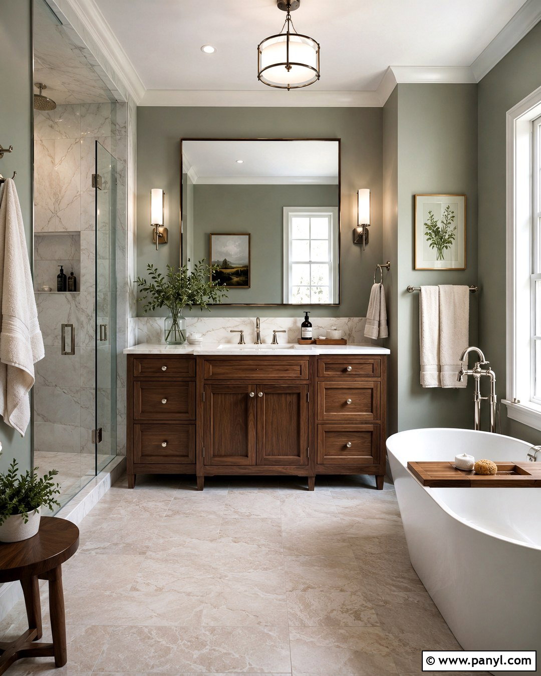 Sage Green Bathroom With Oak Vanity - 20 Bathrooms With Sage Green Walls