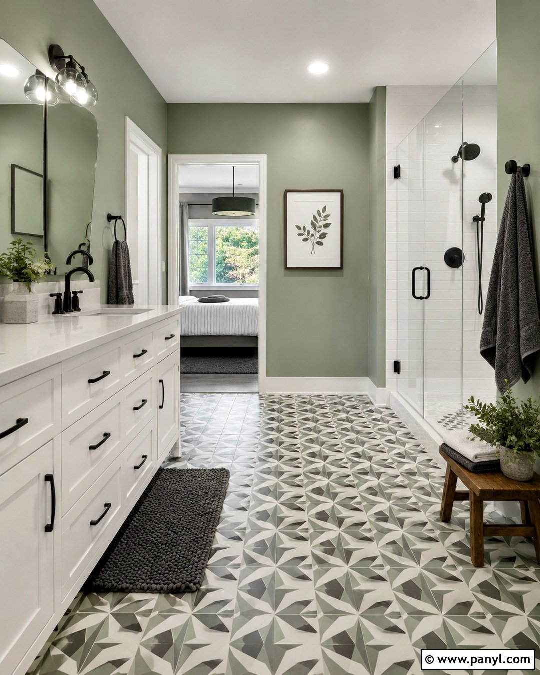 Sage Green Bathroom With Patterned Floor Tile - 20 Bathrooms With Sage Green Walls
