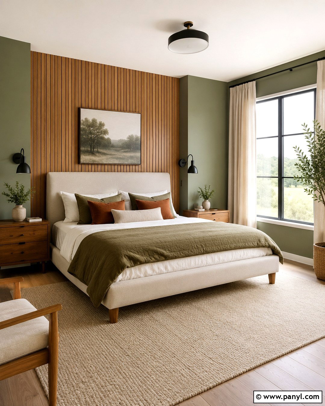 Sage Green Bedroom With Wood Panel Accent Wall - 20 Sage Green Walls With Accent Wall Ideas