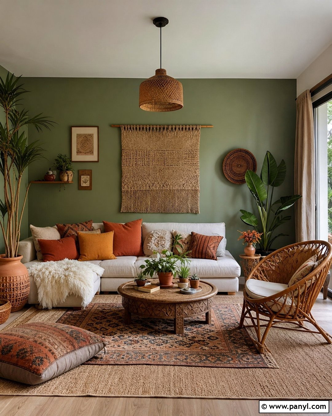 Sage Green Boho Feature Wall - 25 Sage Green Feature Wall Living Room Ideas