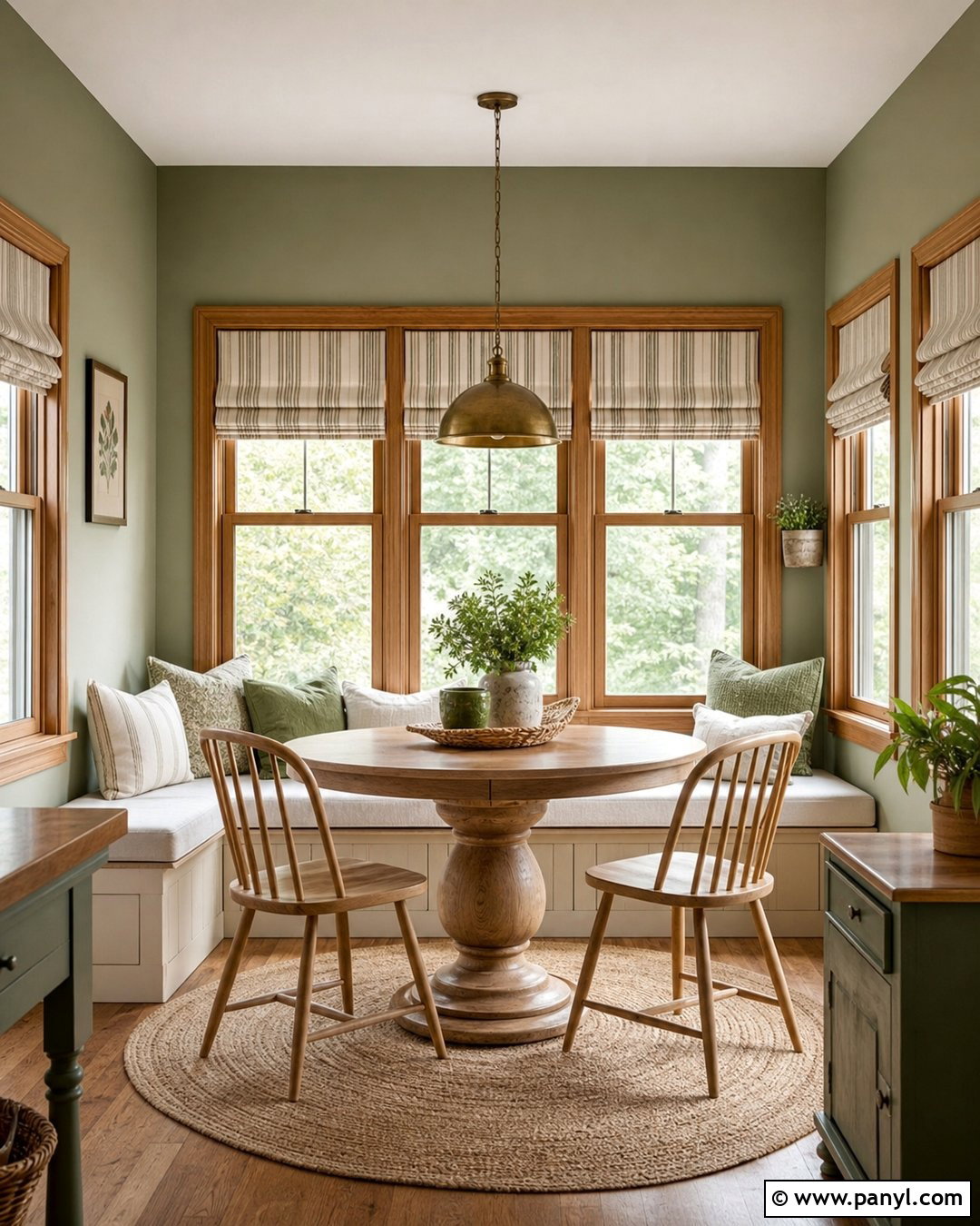 Sage Green Breakfast Nook With Wood Window Trim - 20 Sage Green Walls With Wood Trim Ideas