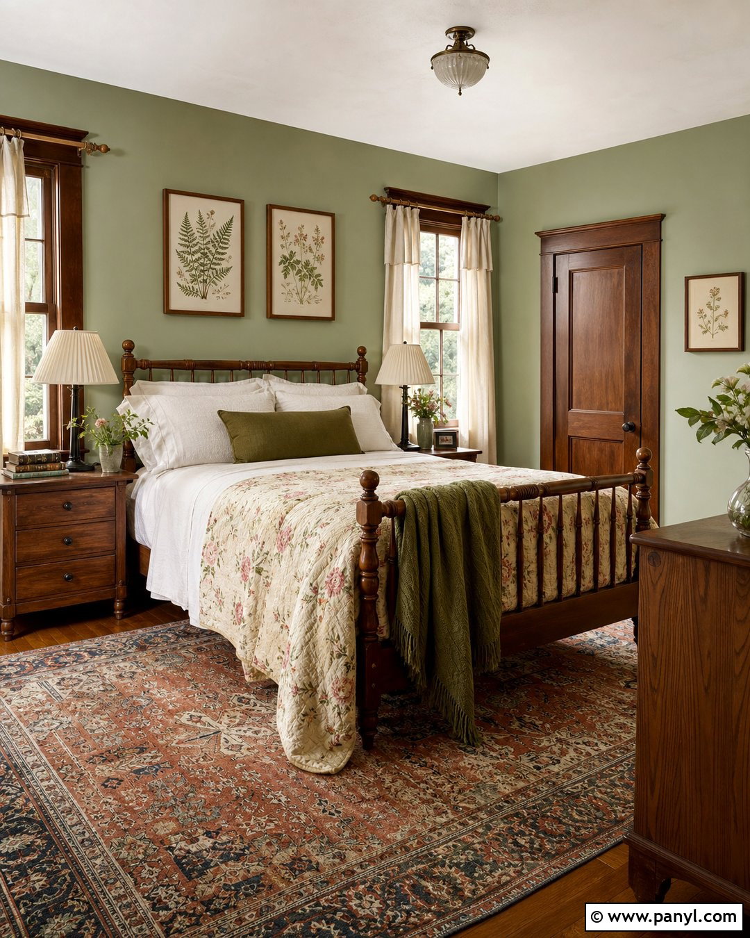 Sage Green Cottage Bedroom With Chestnut Trim - 20 Sage Green Walls With Wood Trim Ideas