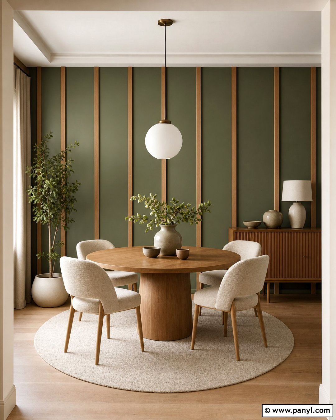Sage Green Dining Nook With Vertical Wood Trim - 20 Sage Green Walls With Wood Trim Ideas