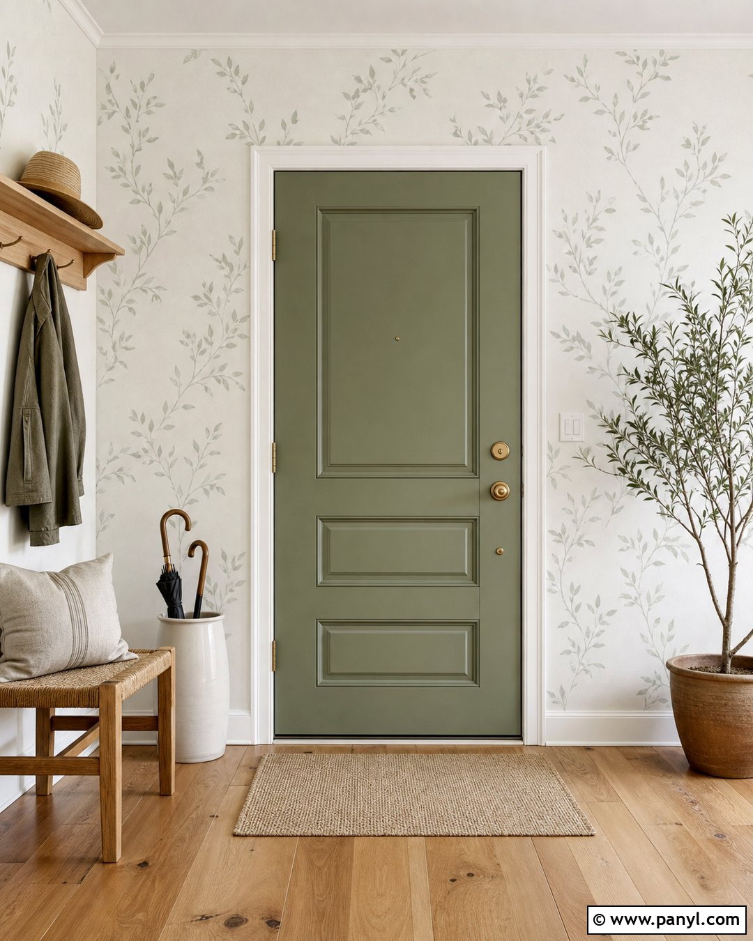 Sage Green Door With Leaf Stencil Wall - 20 Green Door With Patterned Wall Ideas