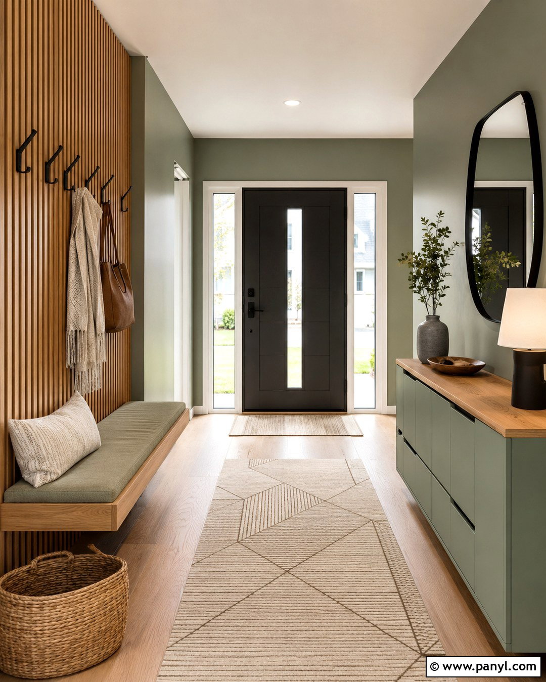 Sage Green Entryway With Wood Slat Accent Wall - 20 Sage Green Walls With Accent Wall Ideas