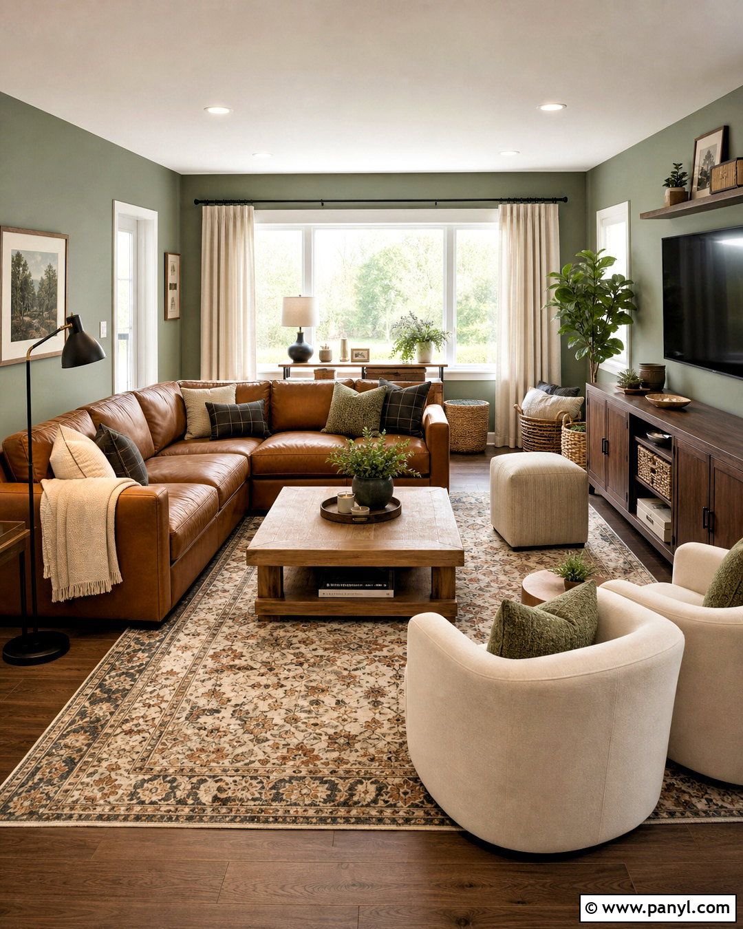 Sage Green Family Room With Brown Leather - 20 sage green room ideas