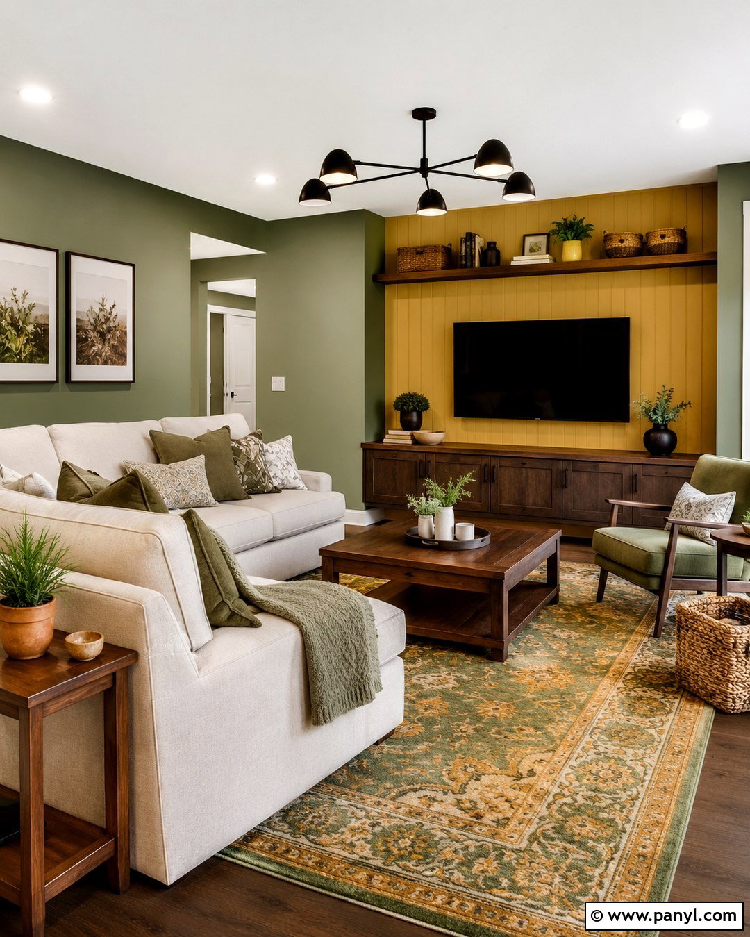 Sage Green Family Room With Mustard Accent Wall - 20 Sage Green Walls With Accent Wall Ideas