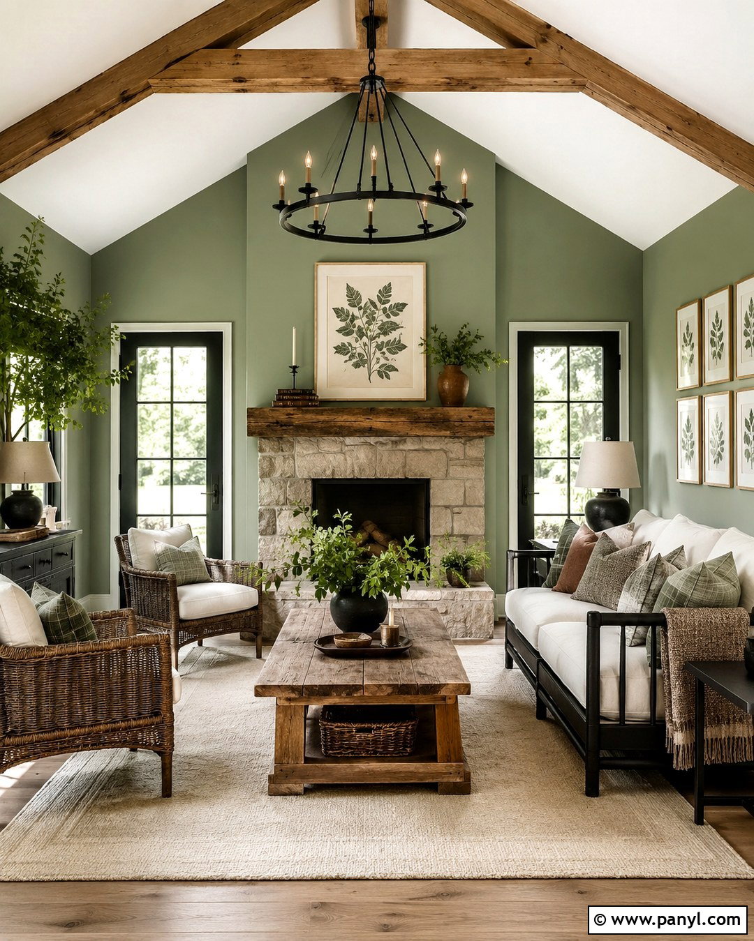 Sage Green Farmhouse Living Room With Black Furniture - 20 Sage Green Walls With Black Furniture Ideas