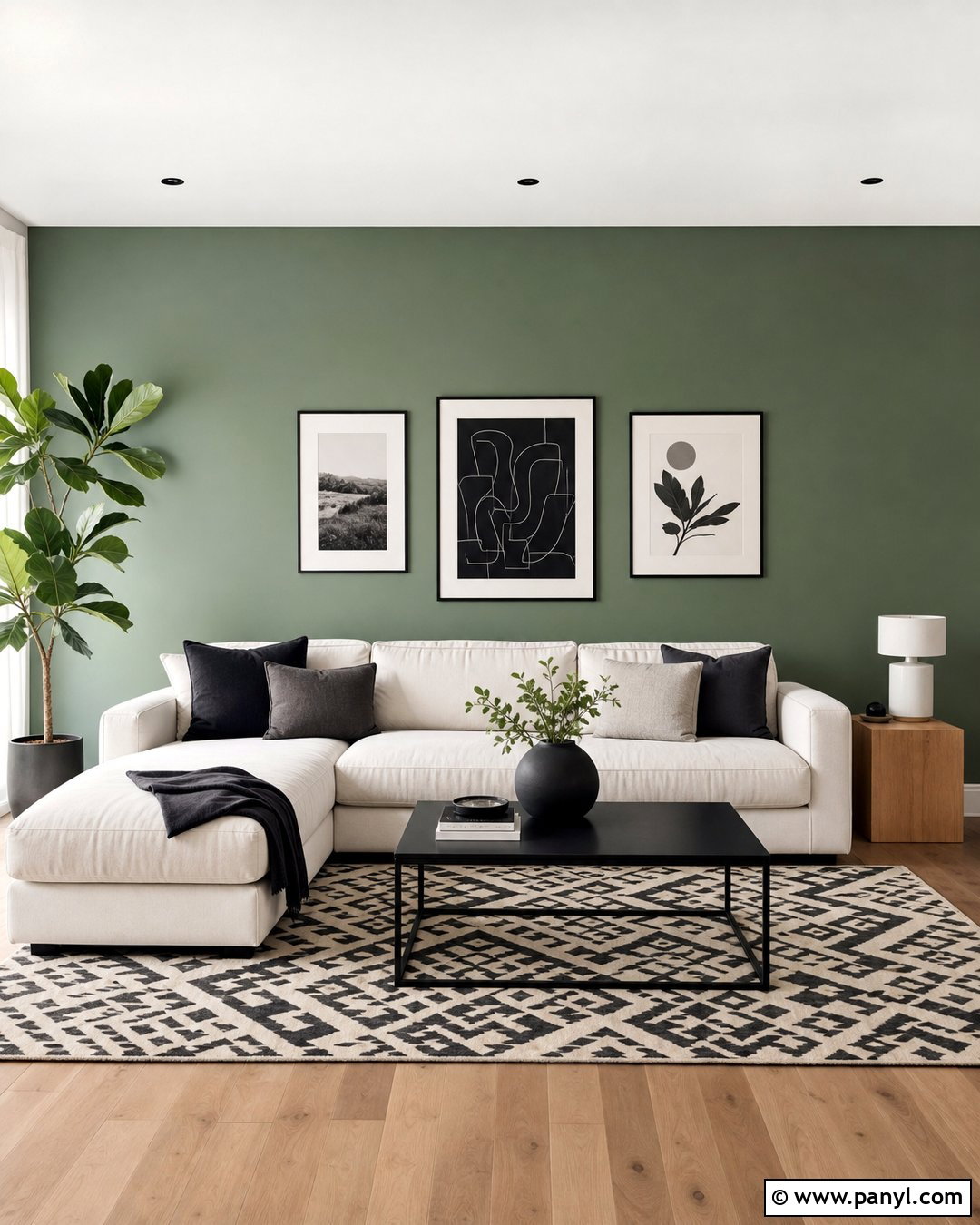 Sage Green Feature Wall With Black And White Decor - 25 Sage Green Feature Wall Living Room Ideas