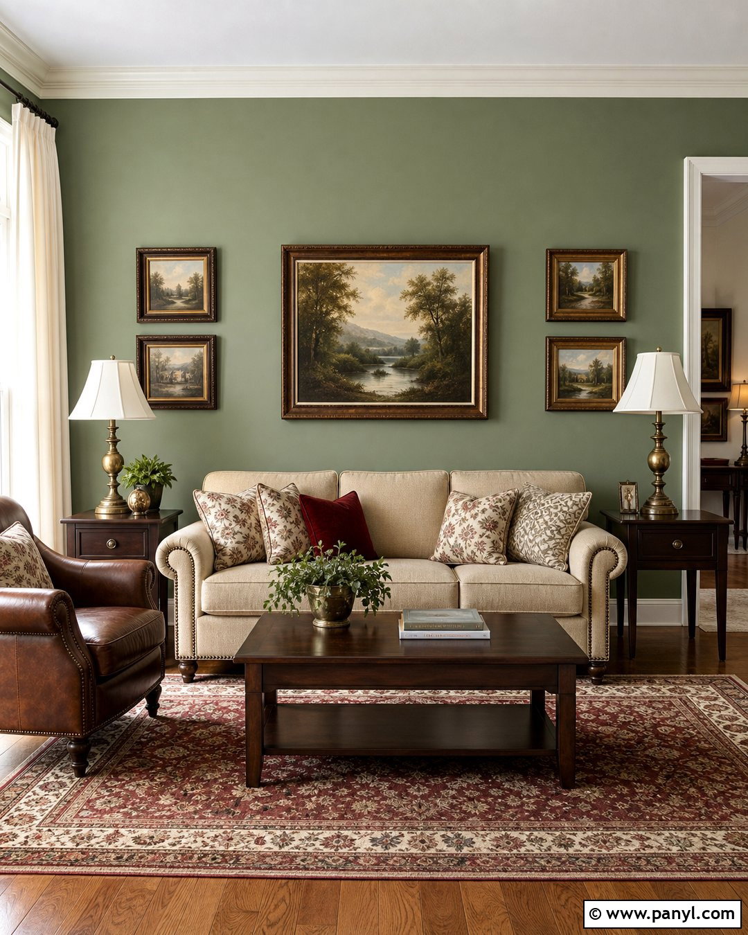 Sage Green Feature Wall With Dark Wood Furniture - 25 Sage Green Feature Wall Living Room Ideas
