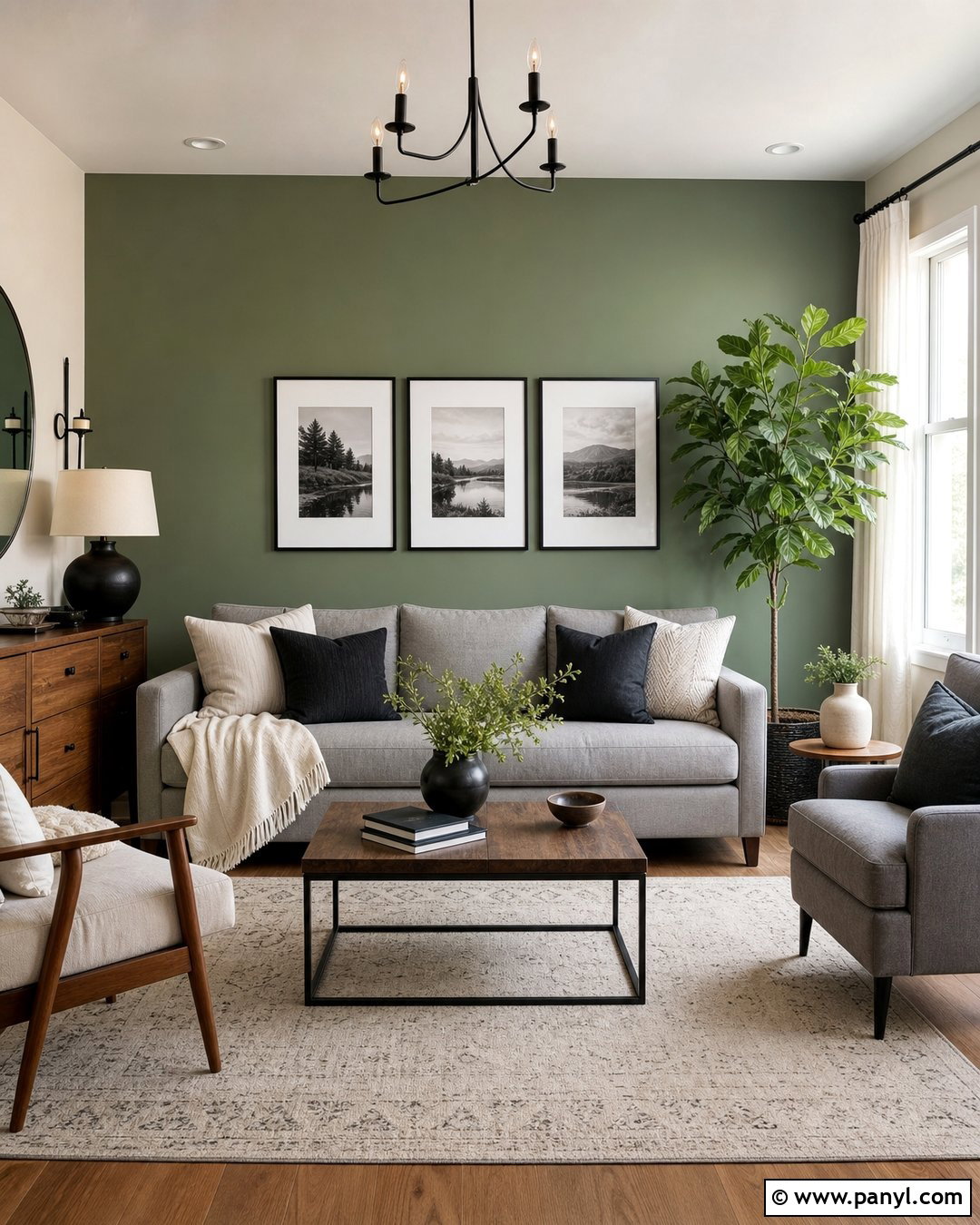 Sage Green Feature Wall With Gray Sofa - 25 Sage Green Feature Wall Living Room Ideas