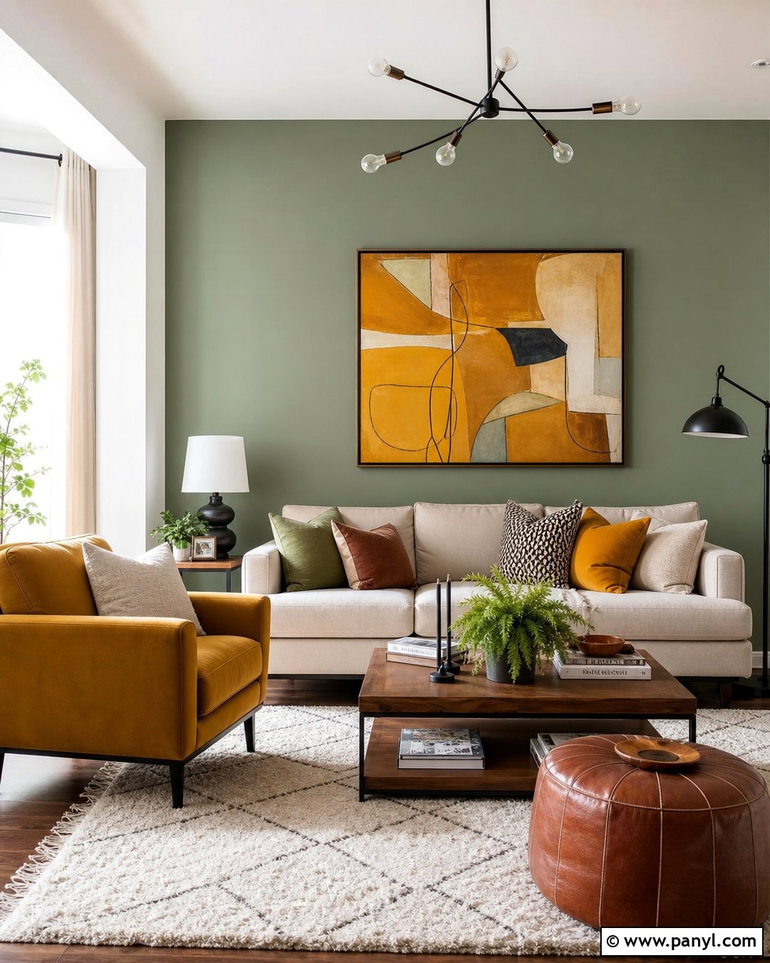 Sage Green Feature Wall With Mustard Yellow Decor - 25 Sage Green Feature Wall Living Room Ideas