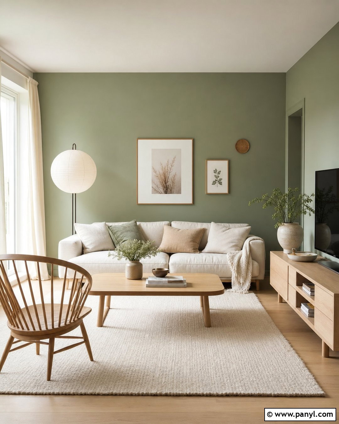 Sage Green Feature Wall With Natural Oak Furniture - 25 Sage Green Feature Wall Living Room Ideas