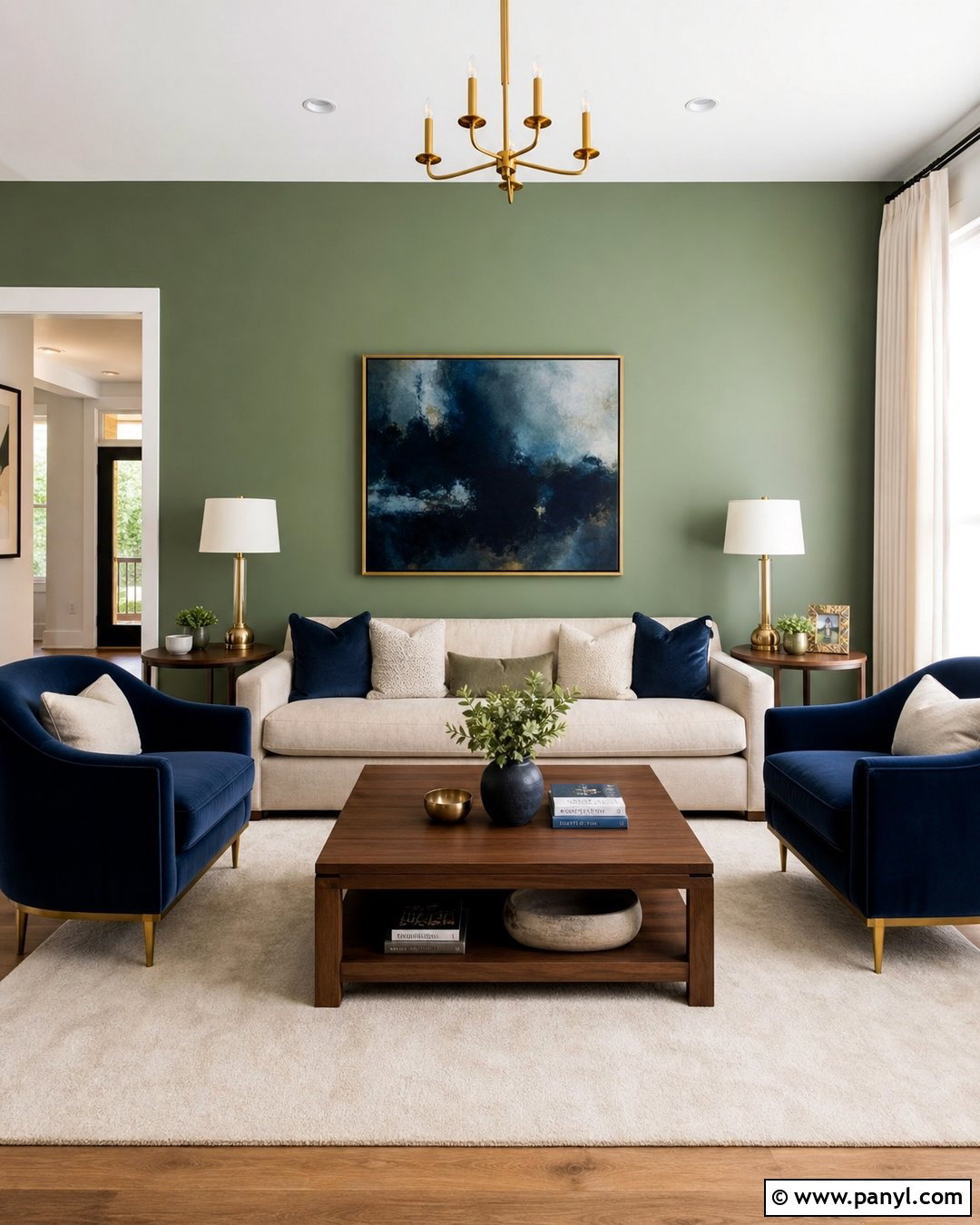 Sage Green Feature Wall With Navy Accents - 25 Sage Green Feature Wall Living Room Ideas