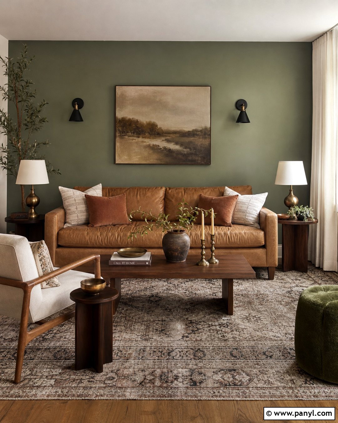 Sage Green Feature Wall With Tan Leather Sofa - 25 Sage Green Feature Wall Living Room Ideas