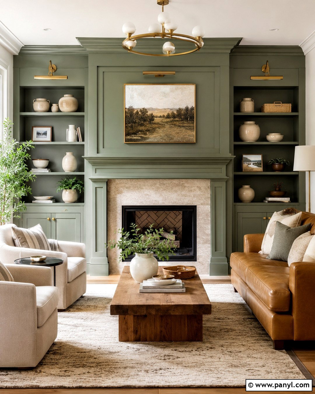 Sage Green Fireplace And Built-In Wall - 20 Sage Green Statement Wall Ideas