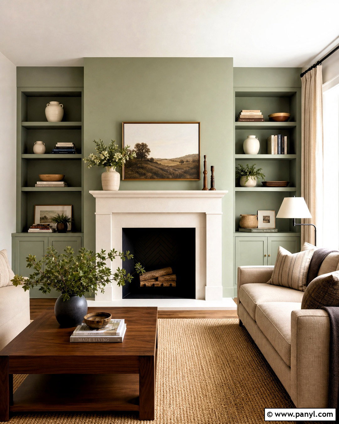 Sage Green Fireplace Wall With Built-In Shelves - 20 sage green wall paint ideas