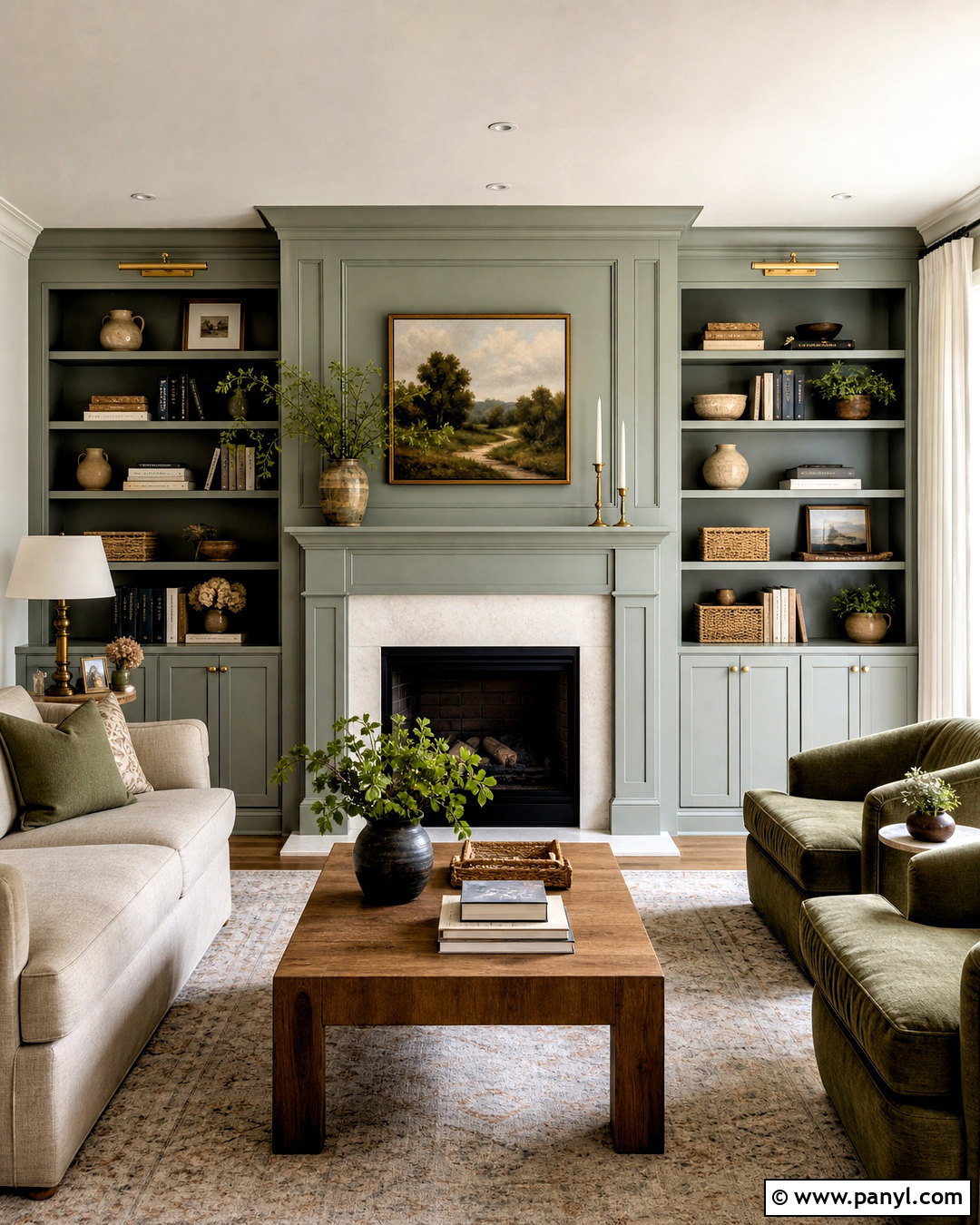 Sage Green Fireplace With Built-Ins - 20 sage green fireplace ideas