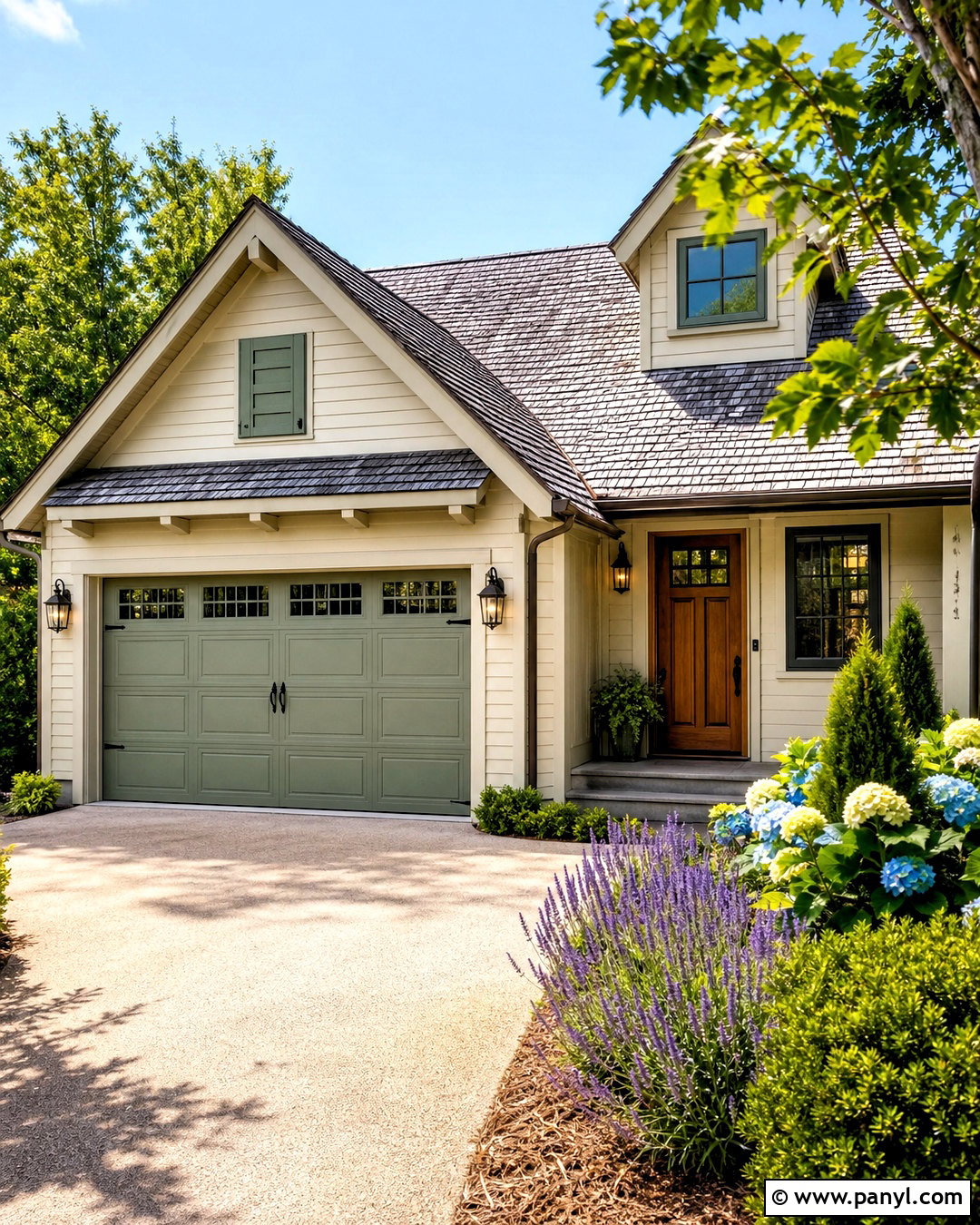 Sage Green Garage Door With Cream Siding - 20 garage door painting ideas