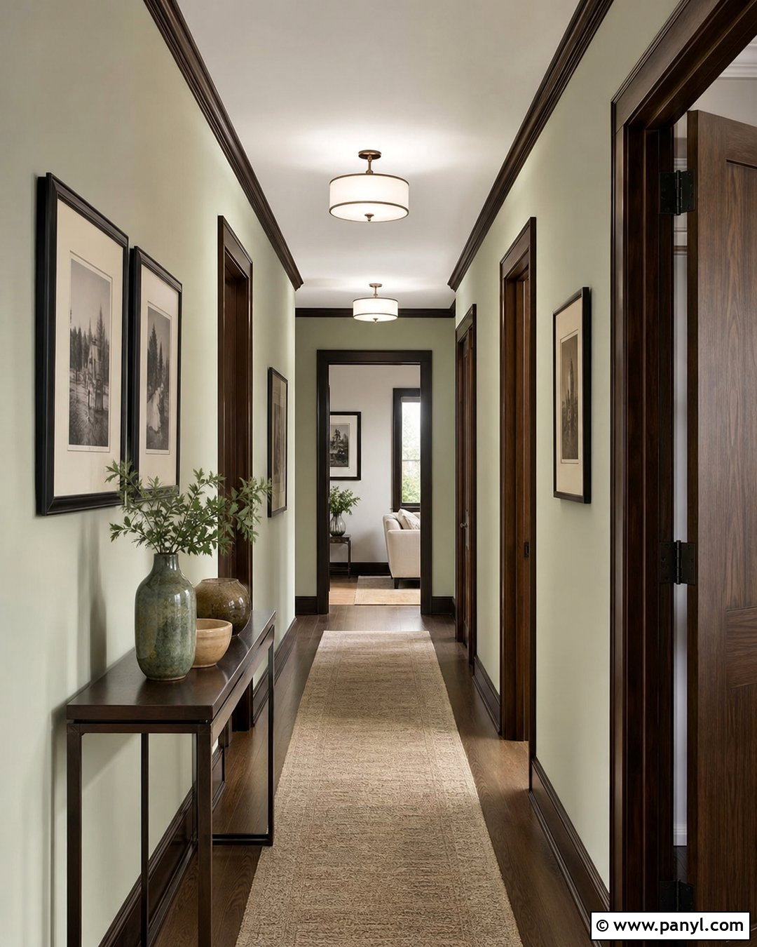 Sage Green Hallway With Dark Wood Trim - 20 Sage Green Walls With Wood Trim Ideas