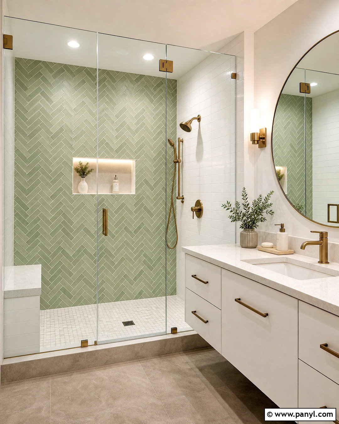 Sage Green Herringbone Tile Shower - 20 sage green and white bathroom ideas