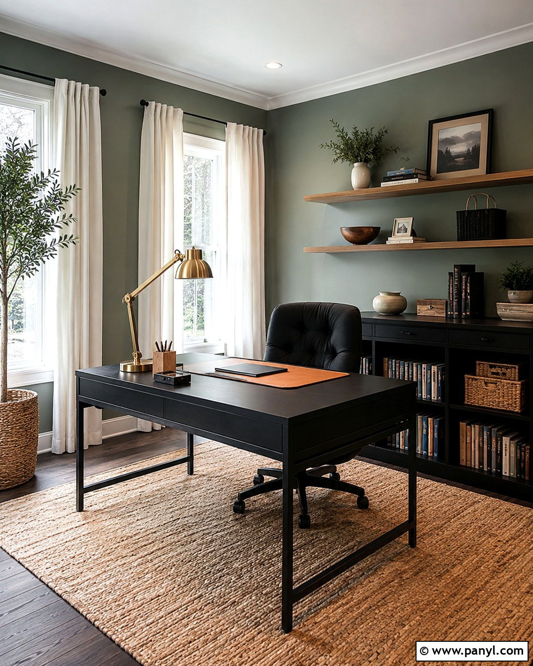 Sage Green Home Office With Black Desk - 20 Sage Green Walls With Black Furniture Ideas