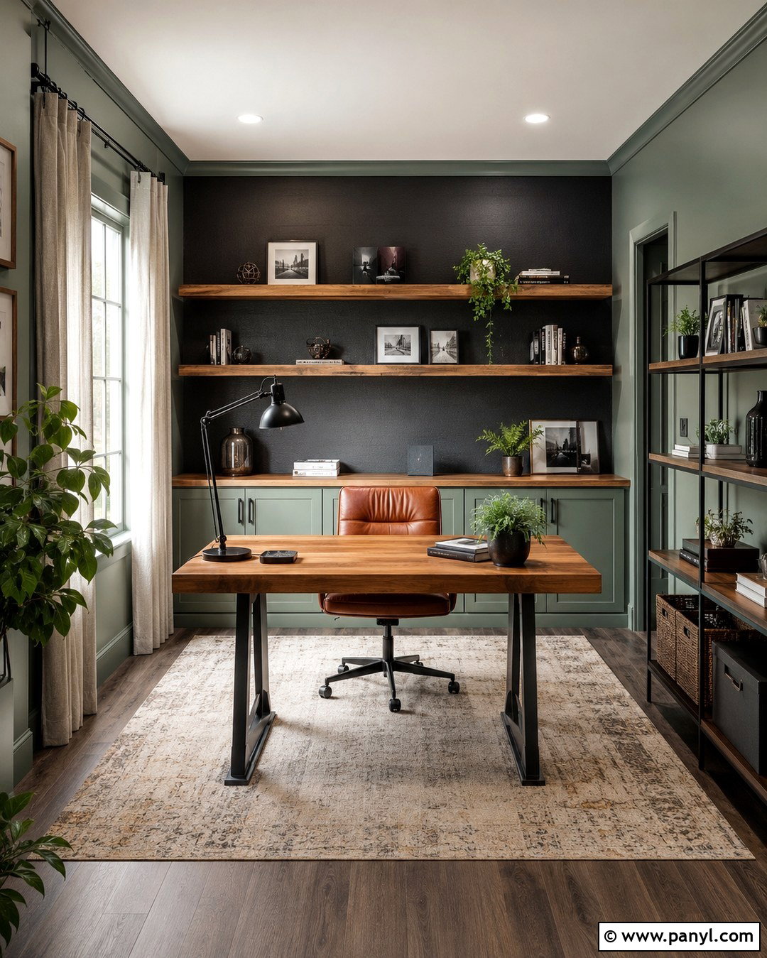 Sage Green Home Office With Charcoal Accent Wall - 20 Sage Green Walls With Accent Wall Ideas